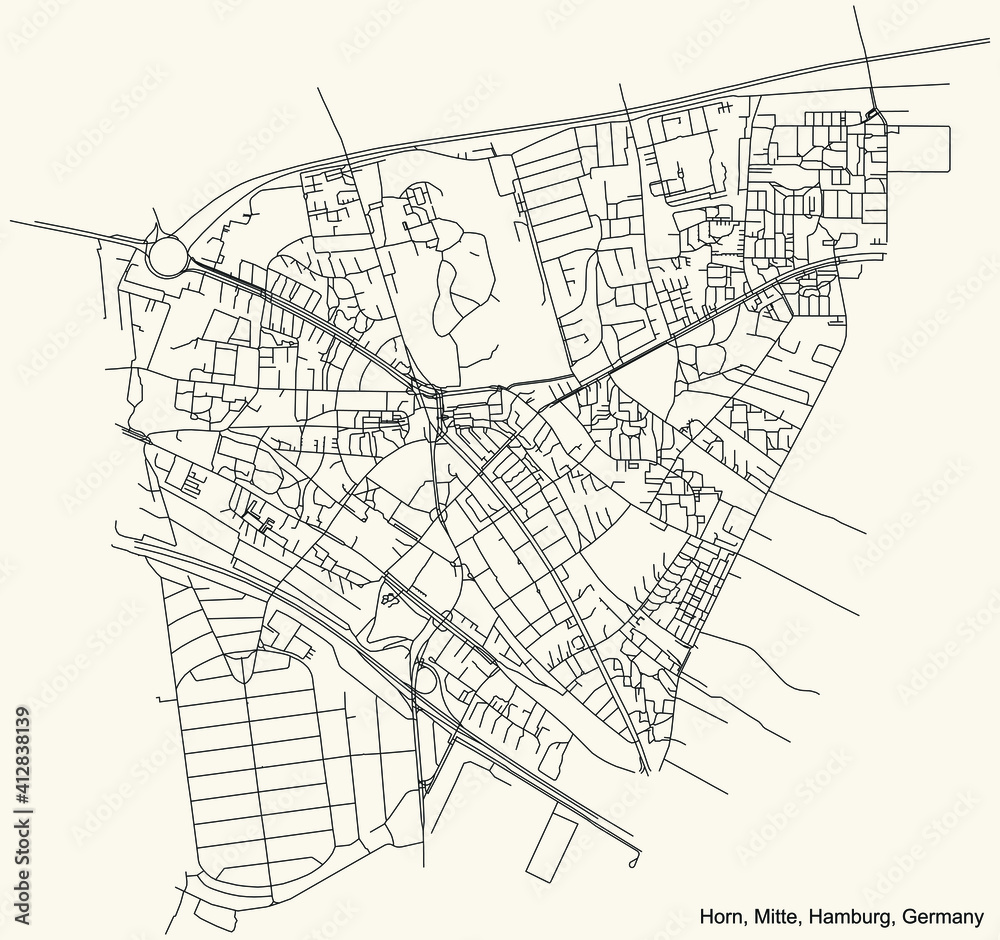 Black simple detailed street roads map on vintage beige background of the neighbourhood Horn quarter of the Hamburg-Mitte borough (bezirk) of the Free and Hanseatic City of Hamburg, Germany