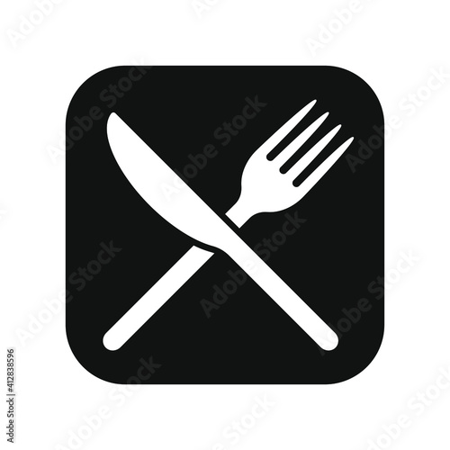 Fork and knife crossed icon logo. Flat shape restaurant or cafe place sign. Utensil across. Kitchen and diner menu button symbol. Vector silhouette illustration image.