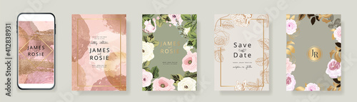 Luxury pink Social Media Wedding invite frame templates. Vector background. Mockup for social media banner. mobile Floral golden collage layout design.