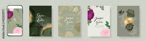 Luxury green Social Media Wedding invite frame templates. Vector background. Mockup for social media banner. mobile Floral golden collage layout design.