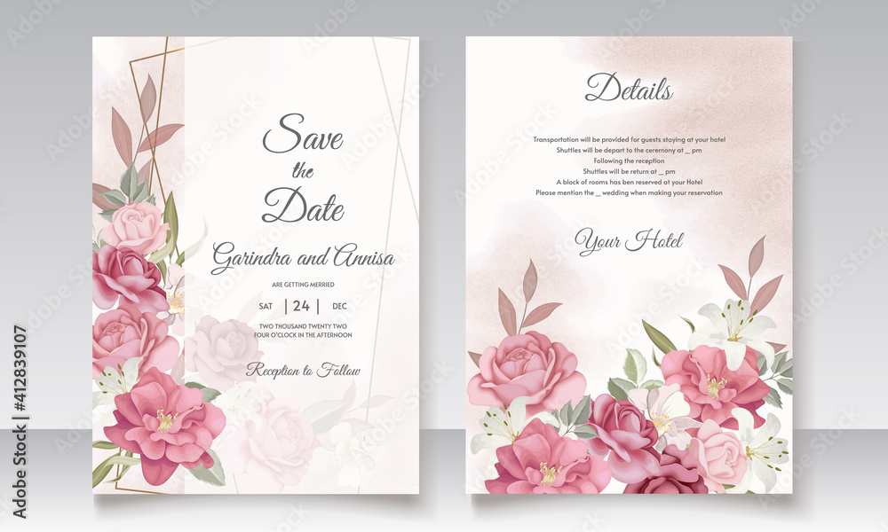 Elegant wedding invitation card with beautiful floral and leaves