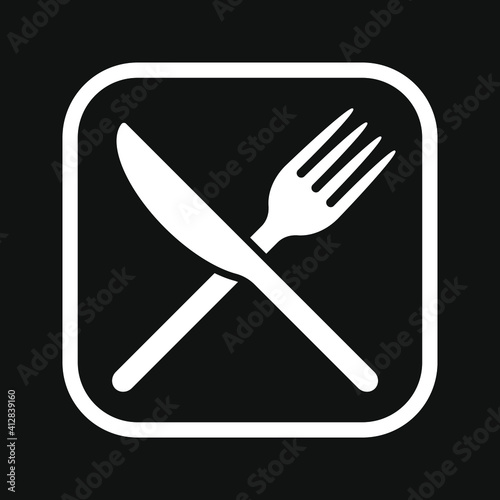 Fork and knife crossed icon logo. Flat shape restaurant or cafe place sign. Utensil across. Kitchen and diner menu button symbol. Vector silhouette illustration image.