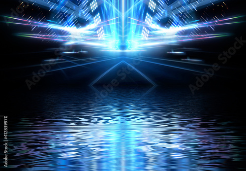 Background of empty show scene. Empty dark modern abstract neon background. Glow of neon lights on an empty stage  diodes  rays and lines. Lights of the night city. 3d illustration 