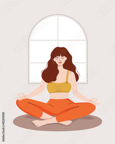 Vector woman with closed eyes sitting in a lotus pose at home. Concepts of meditation  yoga  relax  spiritual practice  recreation  healthy lifestyle. Flat cartoon illustration.