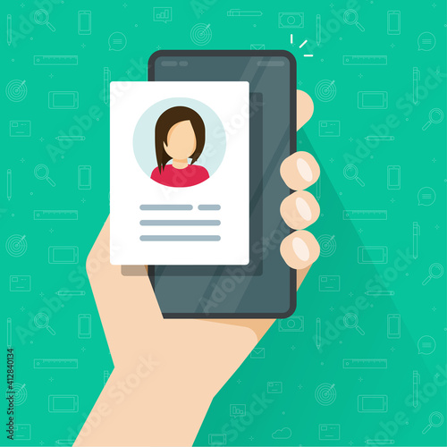Personal profile credentials data review or account photo with digital candidate information icon on mobile cellular phone vector flat cartoon illustration, concept of recruitment cv document online