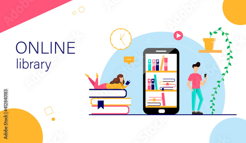 Online library. Online education concept Landing page template. Cartoon characters are reading books. Vector illustration in a flat style.