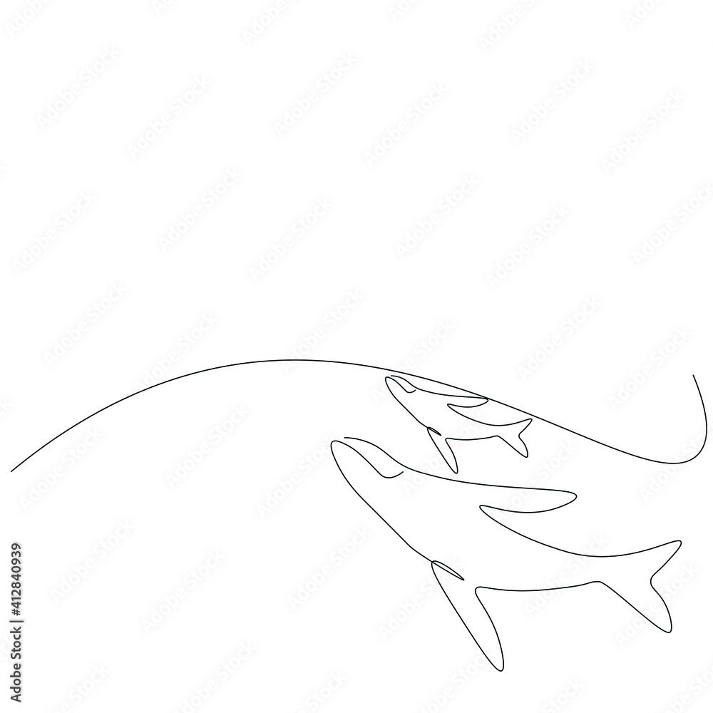 Fototapeta premium Whales swimming on ocean drawing, vector illustration