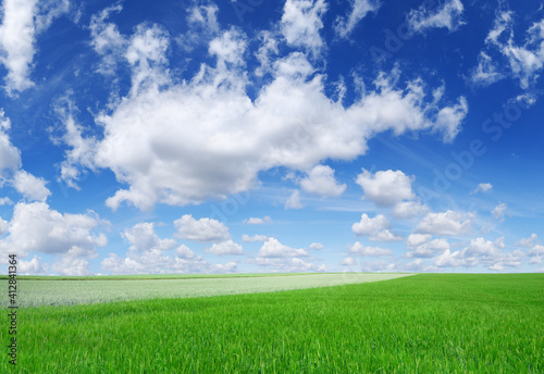Idyllic view, green hills and blue sky