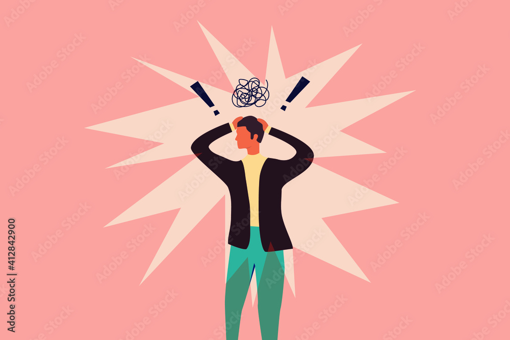 Man holds his head, having panic attack jn red background.. Mental health concept. Anxiety, neurosis, panic, headache symbol. Bad thoughts, psychology. caucasian character flat social anxiety Man holds his head, having panic attack jn red background.. Mental health concept. Anxiety, neurosis, panic, headache symbol. Bad thoughts, psychology. caucasian character flat social anxiety