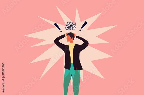 Man holds his head, having panic attack jn red background.. Mental health concept. Anxiety, neurosis, panic, headache symbol. Bad thoughts, psychology. caucasian character flat social anxiety