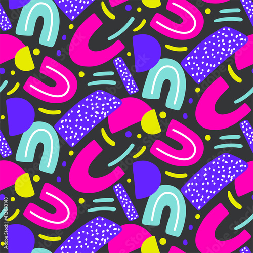 Abstract creative seamless pattern with bright neon shapes. Vector vibrant texture with geometric figures. Modern colorful repetitive print. Contemporary background.