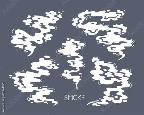 Doodle White Smoke, Clouds, Fog or Steam. Cartoon Steam Cloud Silhouettes Vector Set
