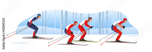 Skiers in sportswear are skiing classic style. Athletes participate in winter sports competition. The leader of pelothon tries to win a sprint race.Vector flat design web banner illustration