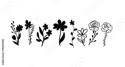 Wildflowers set. Herbal farmhouse rustic wild flowers decor elements. Doodle lineart hand drawn vector illustration. Daisy, field, chamomile, rosehip, buttercup