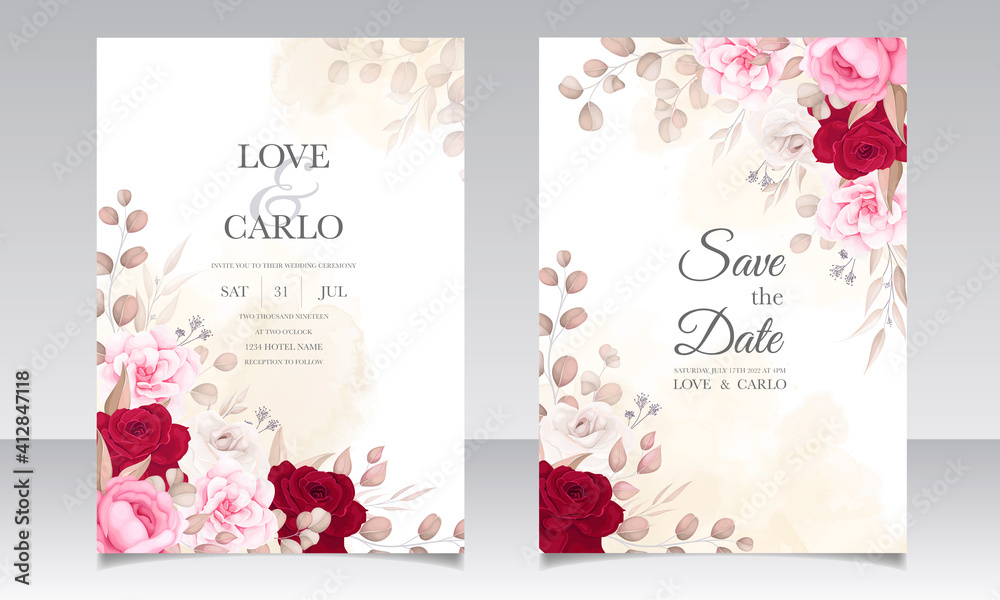 Fototapeta Beautiful floral and leaves wedding invitation card