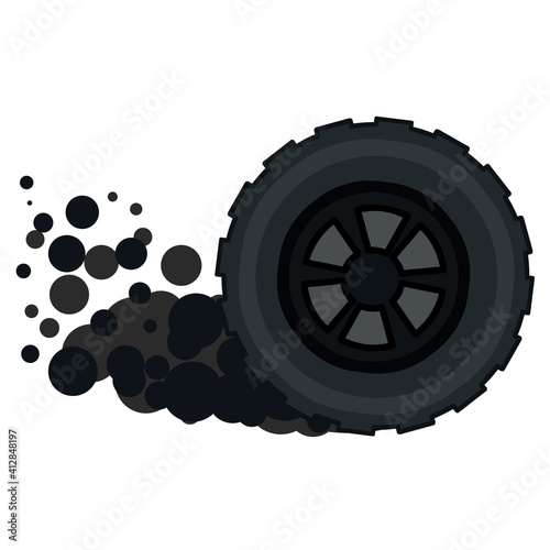 Tire of car. Speed and racing. Cartoon flat illustration. Gray smoke from wheel