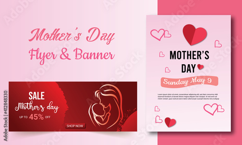 Mother s Day sale banners and flyers design set with beautiful gift box  paper hearts. Trendy holiday Sale kit  social and fashion ads  promotion flyer.