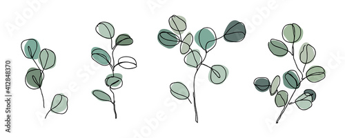 Set of Eucalyptus branches in modern single line art style. Continuous line drawing, aesthetic contour for home decor, posters, wall art, packaging. Floral logo or icon vector illustration