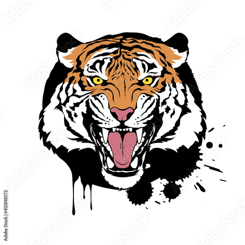 Roaring tiger head. Colorful vector illustration on white background. Print for t-shirt design