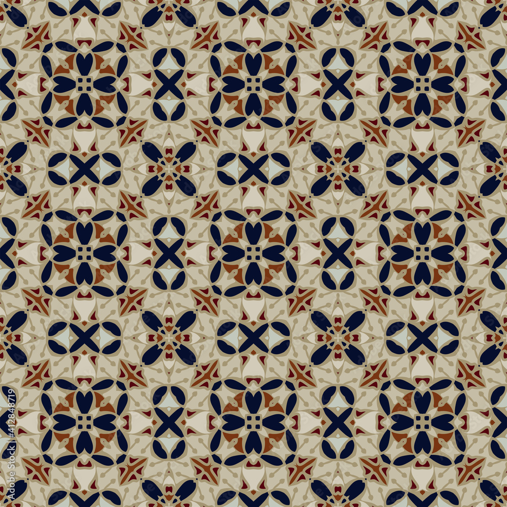 Creative style color abstract geometric seamless pattern in gray beige brown blue, can be used for printing onto fabric, interior, design, textile, tiles, carpet, rug.