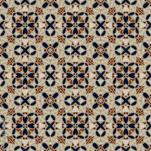 Creative style color abstract geometric seamless pattern in gray beige brown blue, can be used for printing onto fabric, interior, design, textile, tiles, carpet, rug.