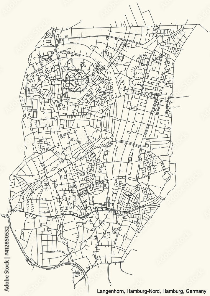 Obraz premium Black simple detailed street roads map on vintage beige background of the neighbourhood Langenhorn quarter of the Hamburg-Nord borough (bezirk) of the Free and Hanseatic City of Hamburg, Germany