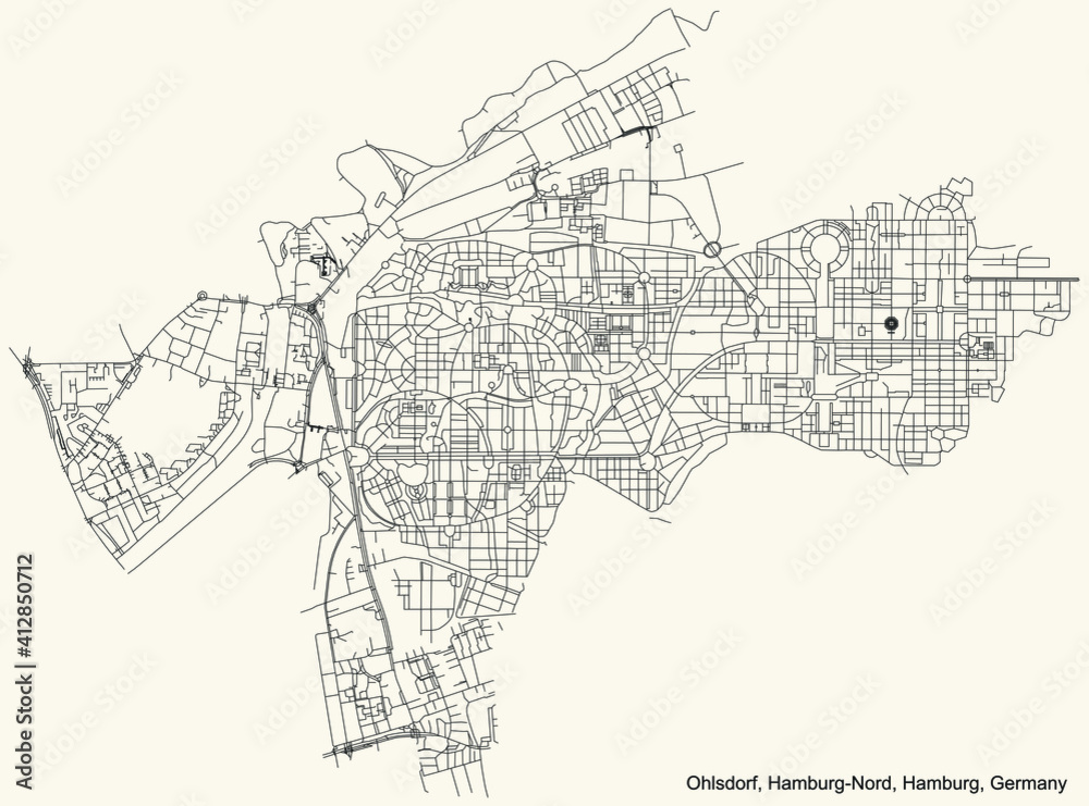 Fototapeta premium Black simple detailed street roads map on vintage beige background of the neighbourhood Ohlsdorf quarter of the Hamburg-Nord borough (bezirk) of the Free and Hanseatic City of Hamburg, Germany