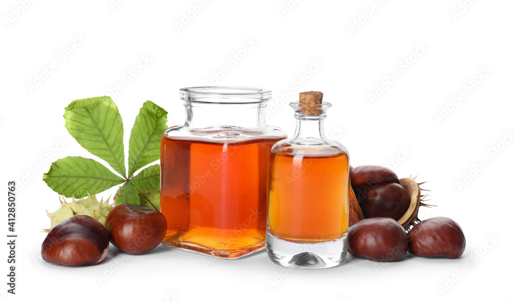 Horse chestnuts, bottles of tincture and green leaf on white background Horse chestnuts, bottles of tincture and green leaf on white background