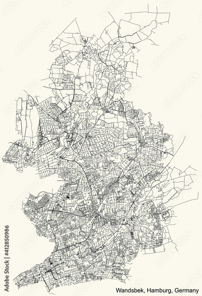 Black simple detailed street roads map on vintage beige background of the neighbourhood Wandsbek borough (bezirk) of the Free and Hanseatic City of Hamburg, Germany