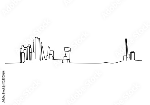 One continuous line drawing of London city skyline. Beautiful city skyscraper. World landscape tourism travel vacation home wall decor poster print concept. Single line draw design vector illustration