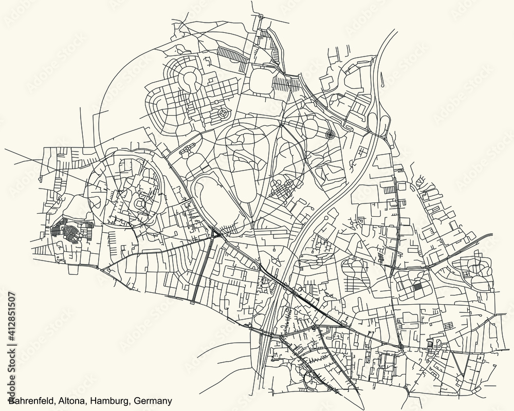 Black simple detailed street roads map on vintage beige background of the neighbourhood Bahrenfeld quarter of the Altona borough (bezirk) of the Free and Hanseatic City of Hamburg, Germany