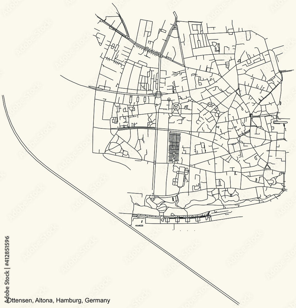 Black simple detailed street roads map on vintage beige background of the neighbourhood Ottensen quarter of the Altona borough (bezirk) of the Free and Hanseatic City of Hamburg, Germany