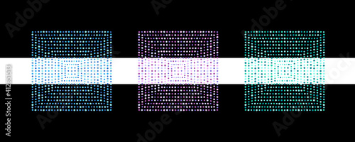 Set of colorful square dot shapes, geometric graphic design elements. Dotted patterned text backgrounds, mosaic decorations made of uneven spots, dots, hand drawn blobs, beads. Frame templates.
