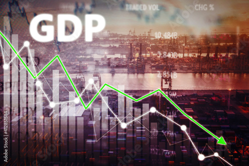 Fotografija Double exposure of declining arrow with GDP word