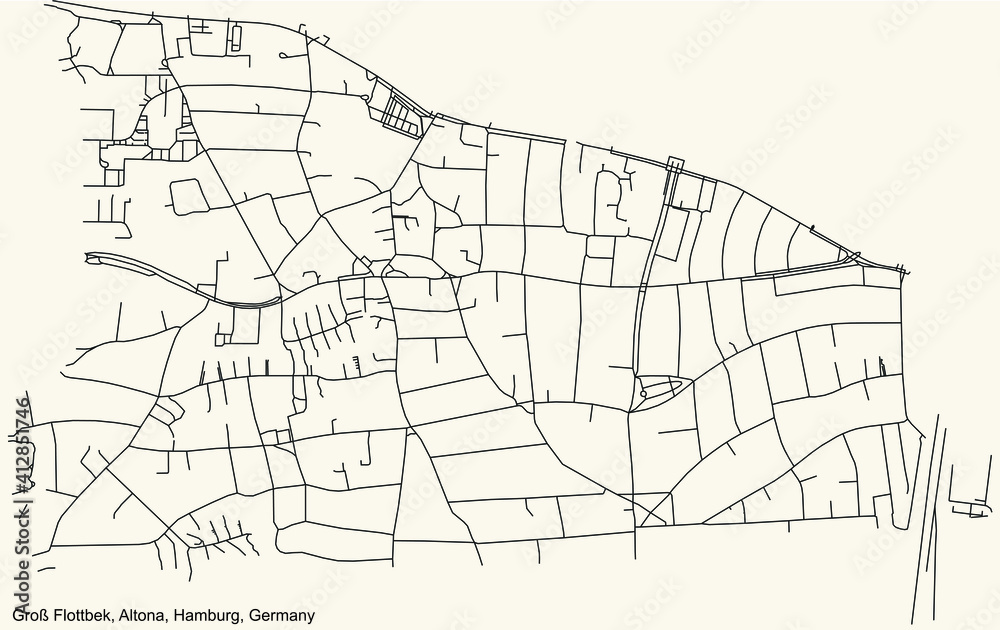 Black simple detailed street roads map on vintage beige background of the neighbourhood Groß Flottbek quarter of the Altona borough (bezirk) of the Free and Hanseatic City of Hamburg, Germany