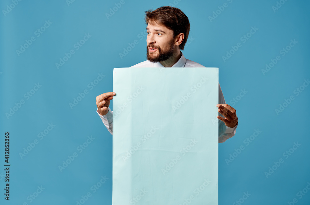 man in shirt with tie banners in the hands of an official advertising marketing man in shirt with tie banners in the hands of an official advertising marketing