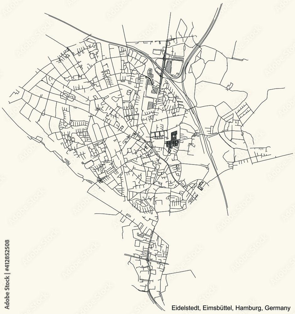 Black simple detailed street roads map on vintage beige background of the neighbourhood Eidelstedt quarter of the Eimsbüttel borough (bezirk) of the Free and Hanseatic City of Hamburg, Germany