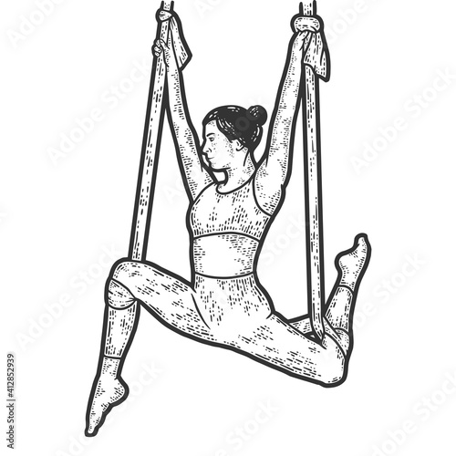 Aerial yoga pose of girl. Sketch scratch board imitation coloring.