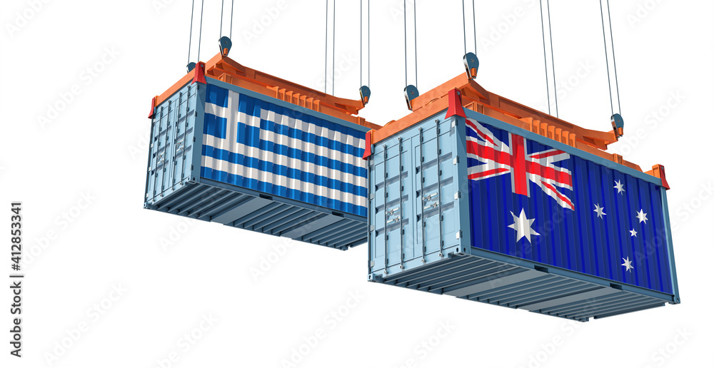 Freight containers with Greece and Australia flag. 3D Rendering 