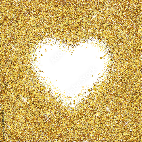 Valentine's Day background with a heart on golden sand full of sparkles and stars
