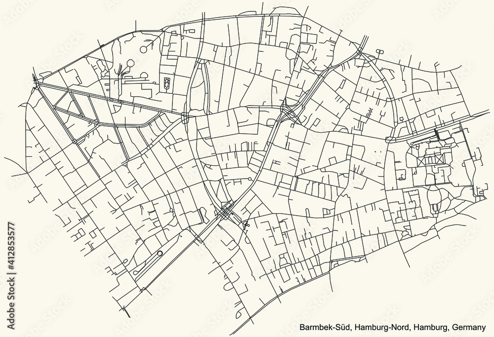 Black simple detailed street roads map on vintage beige background of the neighbourhood Barmbek-Süd quarter of the Hamburg-Nord borough (bezirk) of the Free and Hanseatic City of Hamburg, Germany