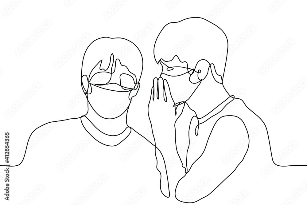 two men in medical protective masks are whispering. one line drawing male colleagues gossiping.
