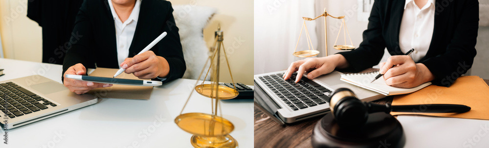 Business and lawyers discussing contract papers with brass scale on desk in office. Law, legal services, advice, justice and law concept picture with film grain effect Business and lawyers discussing contract papers with brass scale on desk in office. Law, legal services, advice, justice and law concept picture with film grain effect