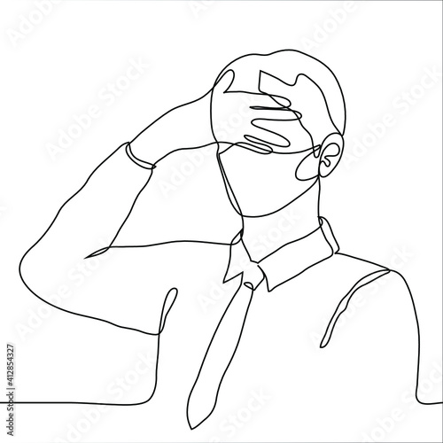 man in a mask, shirt and tie closes his eyes with his palm, but still peeps through his fingers. one line of drawings concept of guilty pleasure, secret passion, secret desire, shame