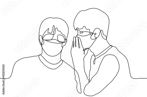 two men in medical protective masks are whispering. one line drawing male colleagues gossiping.