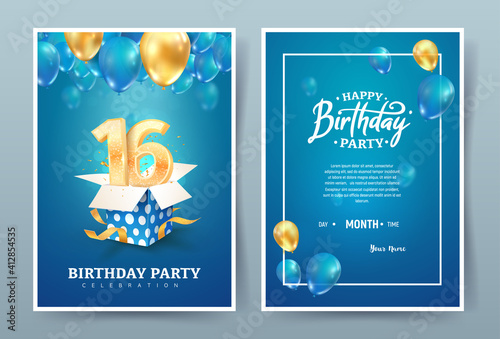 16th years birthday vector invitation double card. Sixteen years anniversary celebration brochure. Template of invitational for print on blue background photo