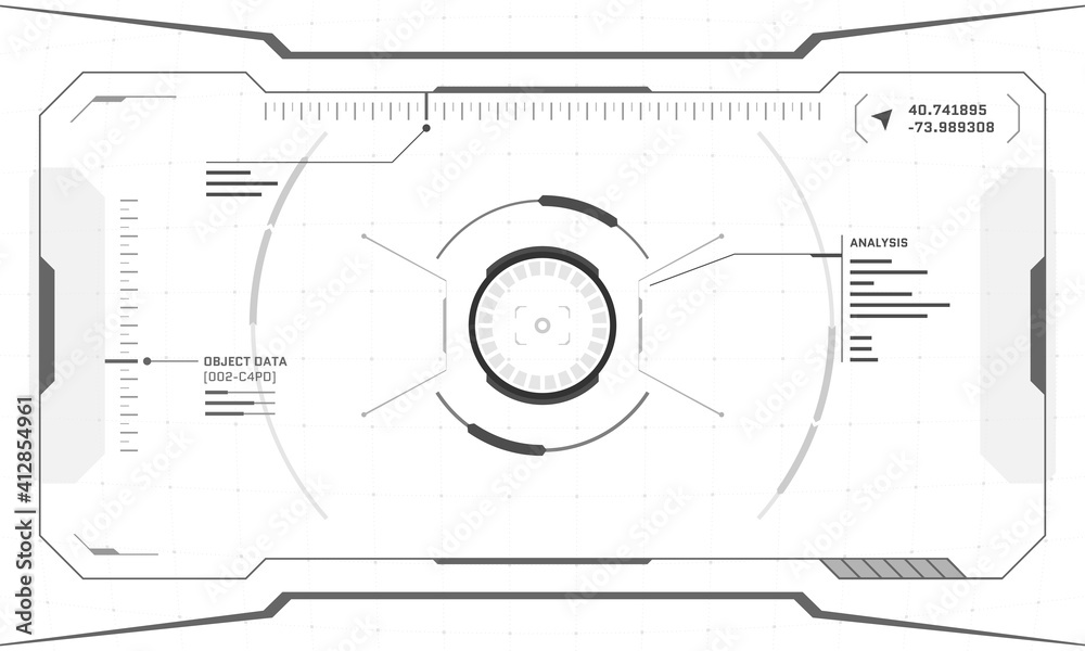 VR HUD digital futuristic interface cyberpunk screen design on white background. Sci-fi virtual reality technology view head up display. Digital technology GUI UI dashboard panel vector illustration