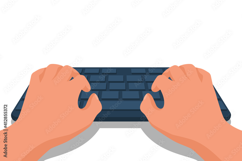 Hands on the keyboard. Search on the Internet. Template for design. Desk office worker. Vector illustration flat design. Isolated on white background.