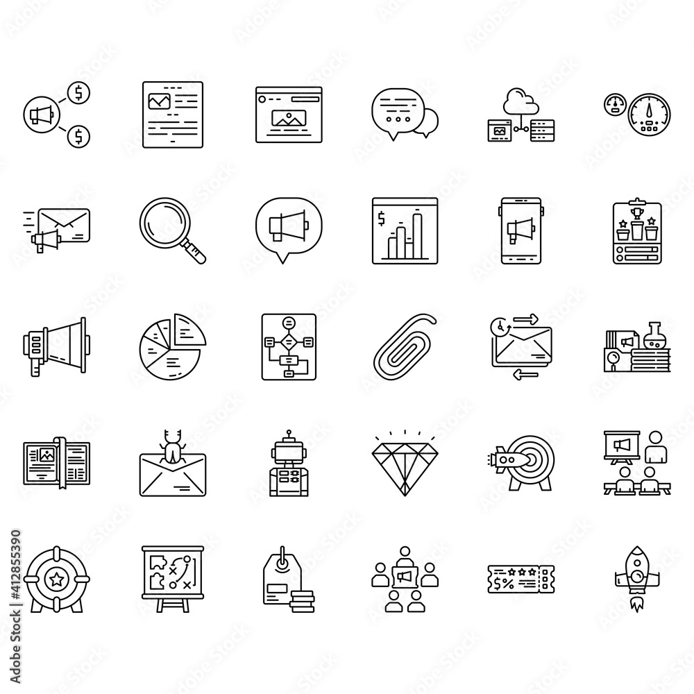 internet marketing, business promotion, advertisement icon set design. perfect to logo, presentation, print, environment, application, and more product. vector icon set design line style internet marketing, business promotion, advertisement icon set design. perfect to logo, presentation, print, environment, application, and more product. vector icon set design line style