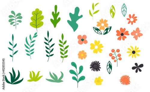 Collection Set of Simple Flower and Leaves Design Elements. Vector Illustrati...